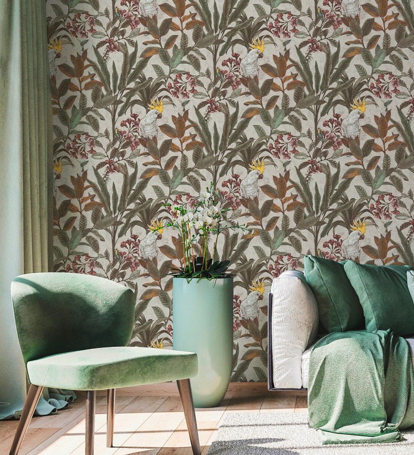 Papel pintado cacatúas efecto pátina craquelada tono arena  Cockatoo Bright 684981