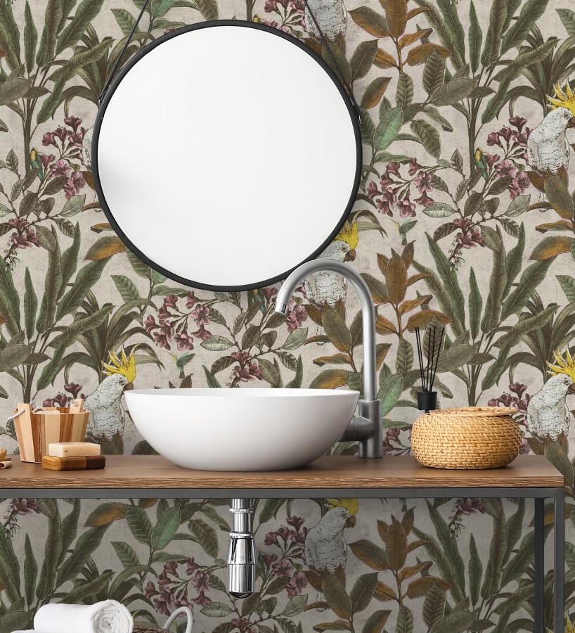 Papel pintado cacatúas efecto pátina craquelada tono arena  Cockatoo Bright 684981