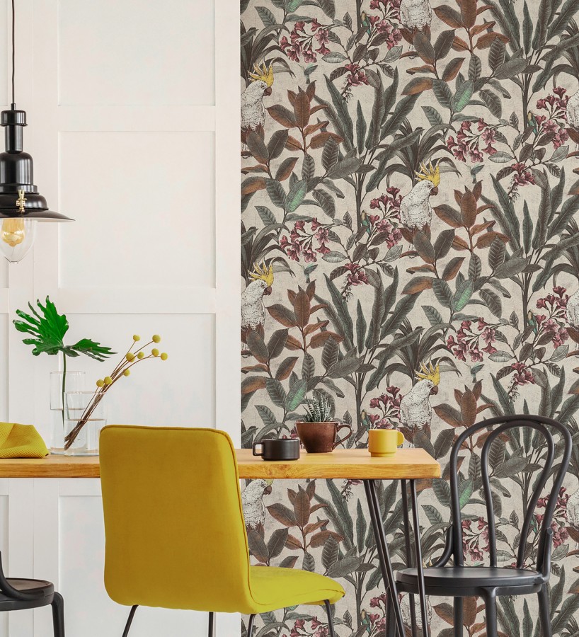 Papel pintado cacatúas efecto pátina craquelada tono arena  Cockatoo Bright 684981
