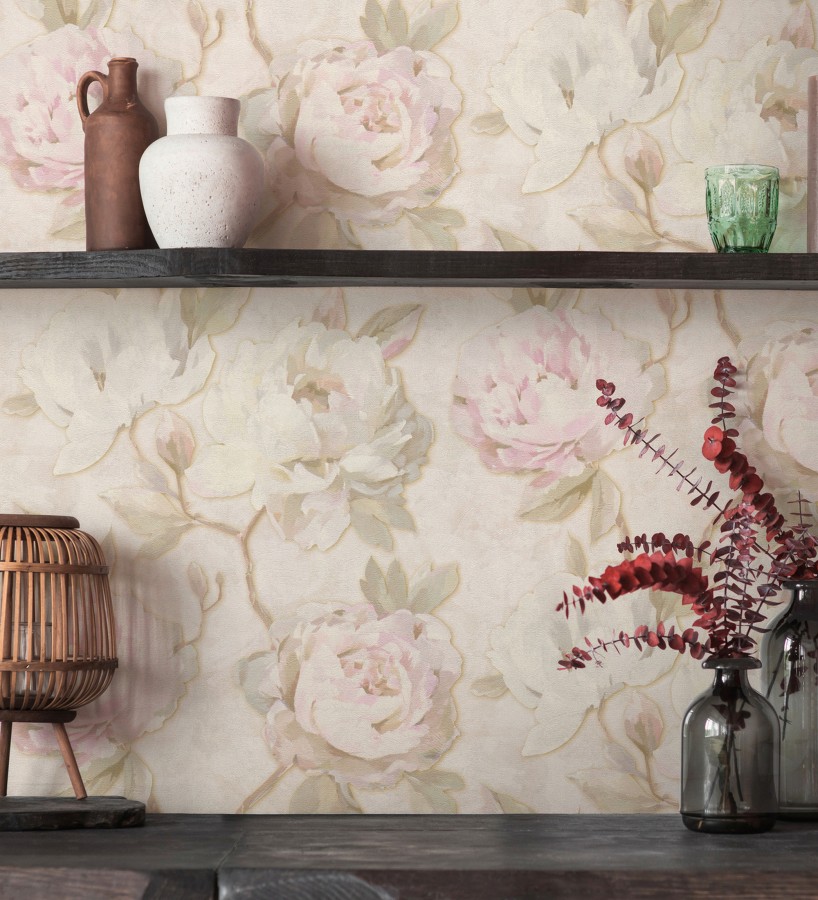 Papel pintado de peonías óleo vintage refinado fondo crema  Florence Graceful 684982