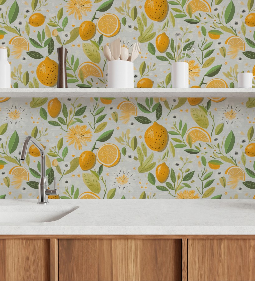 Papel pintado limones estilo chic campestre fondo gris glaciar  Citrus Sweet 684985