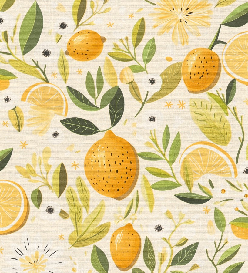Papel pintado limones estilo chic campestre fondo arena  Citrus Sweet 684986