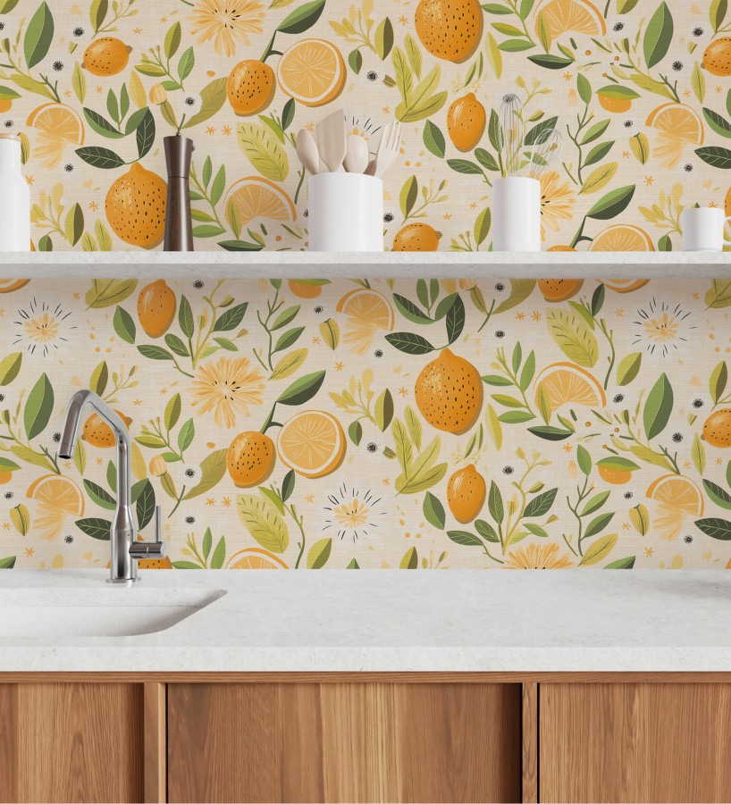 Papel pintado limones estilo chic campestre fondo arena  Citrus Sweet 684986