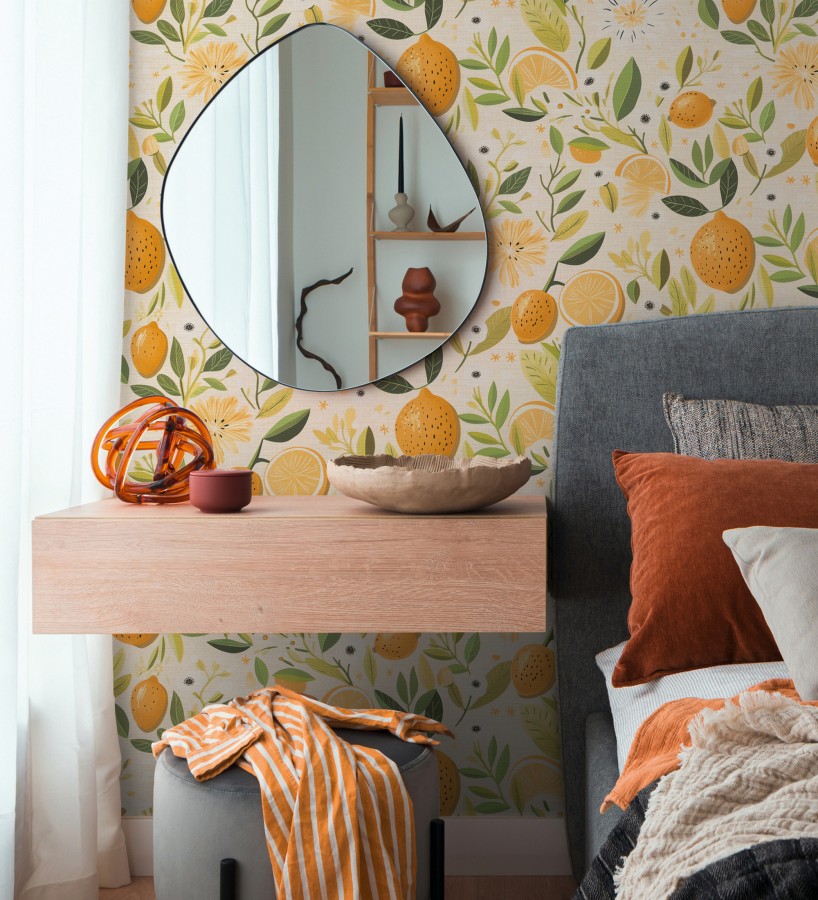 Papel pintado limones estilo chic campestre fondo arena  Citrus Sweet 684986