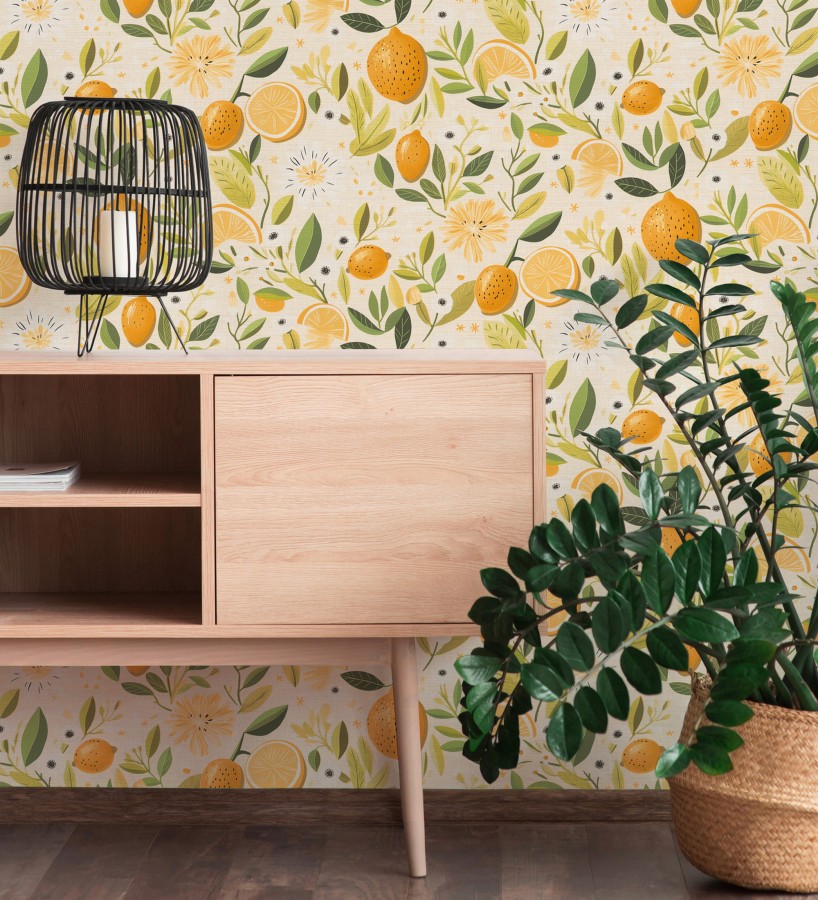 Papel pintado limones estilo chic campestre fondo arena  Citrus Sweet 684986