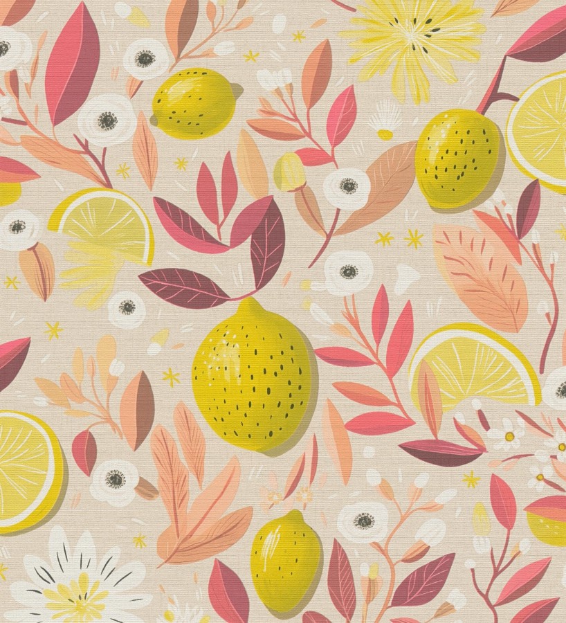 Papel pintado limones estilo chic campestre fondo beige tostado  Citrus Sweet 684987