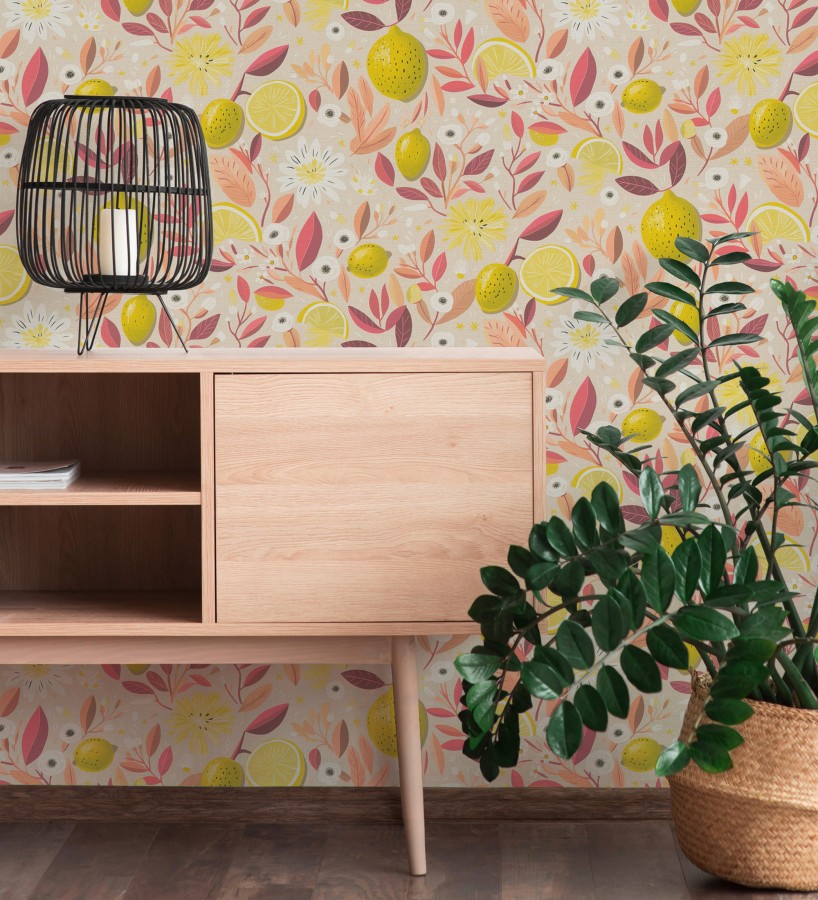 Papel pintado limones estilo chic campestre fondo beige tostado  Citrus Sweet 684987