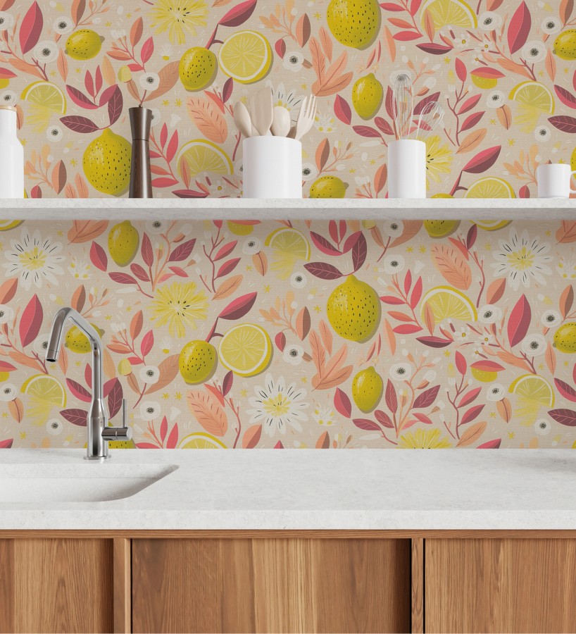 Papel pintado limones estilo chic campestre fondo beige tostado  Citrus Sweet 684987