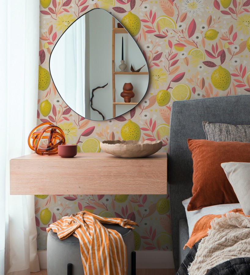 Papel pintado limones estilo chic campestre fondo beige tostado  Citrus Sweet 684987