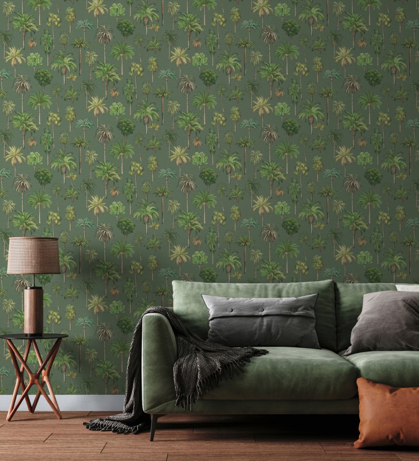 Papel pintado botánico de palmeras coloniales fondo verde  Savanna Palm 684992