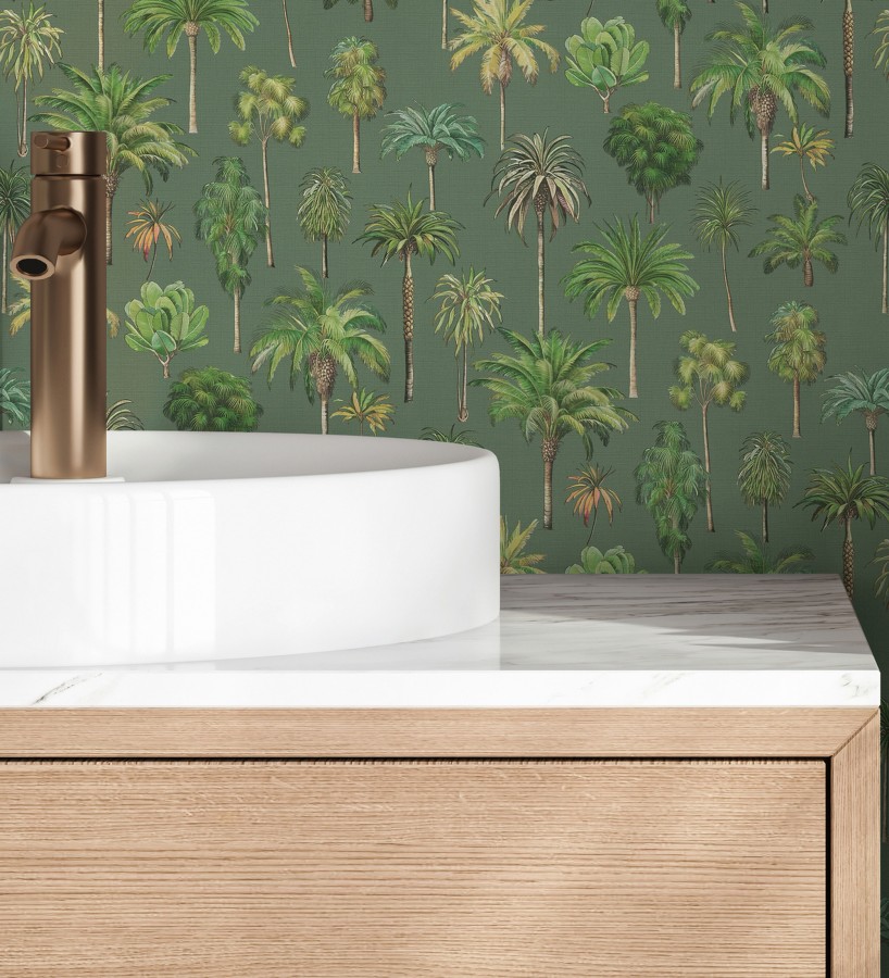 Papel pintado botánico de palmeras coloniales fondo verde  Savanna Palm 684992