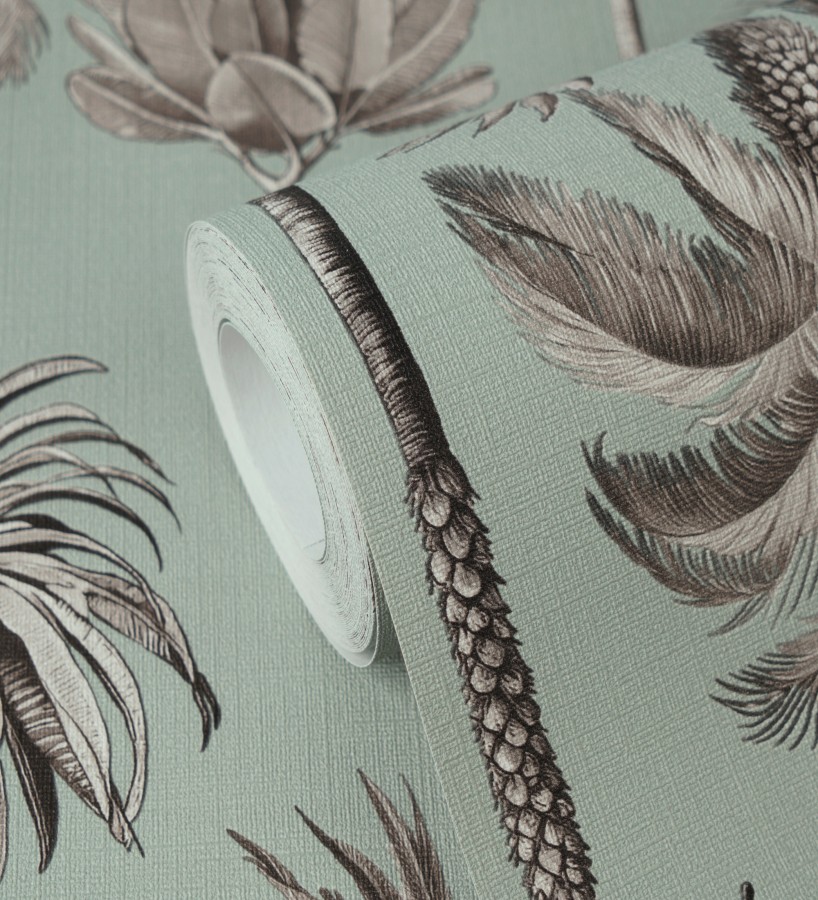 Papel pintado botánico de palmeras coloniales fondo verde agua  Savanna Palm 684993