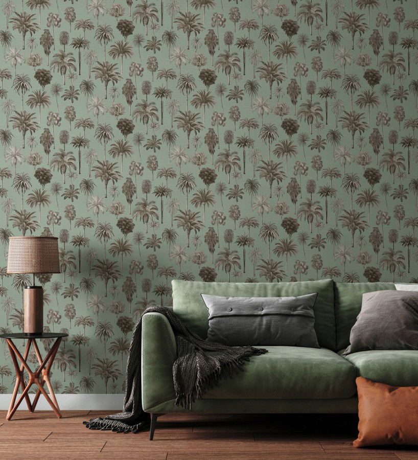 Papel pintado botánico de palmeras coloniales fondo verde agua  Savanna Palm 684993