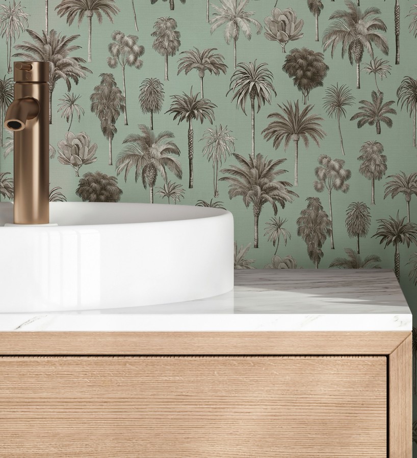 Papel pintado botánico de palmeras coloniales fondo verde agua  Savanna Palm 684993