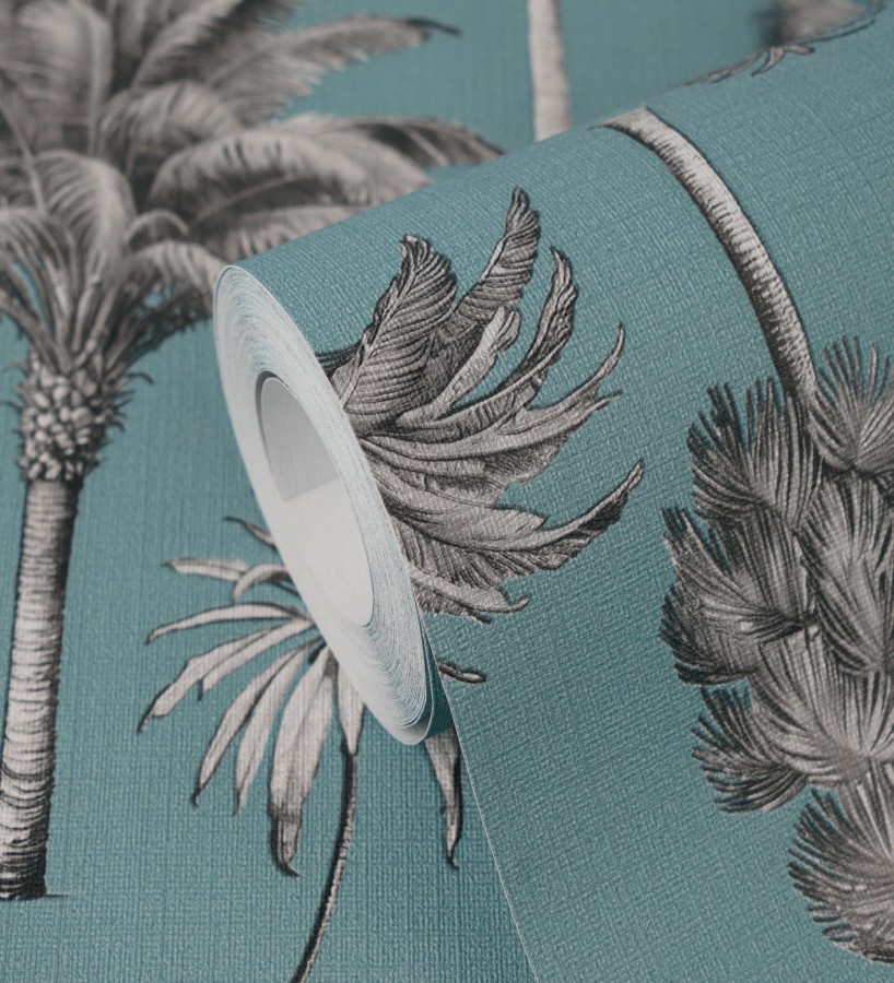 Papel pintado botánico de palmeras coloniales fondo turquesa  Savanna Palm 684994