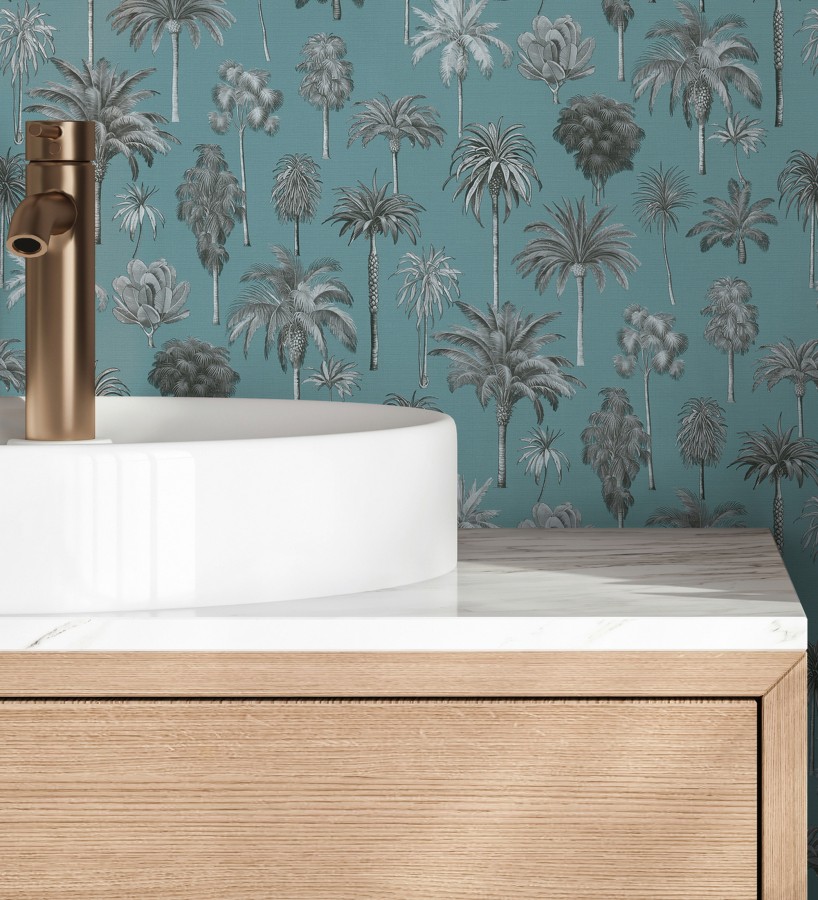 Papel pintado botánico de palmeras coloniales fondo turquesa  Savanna Palm 684994