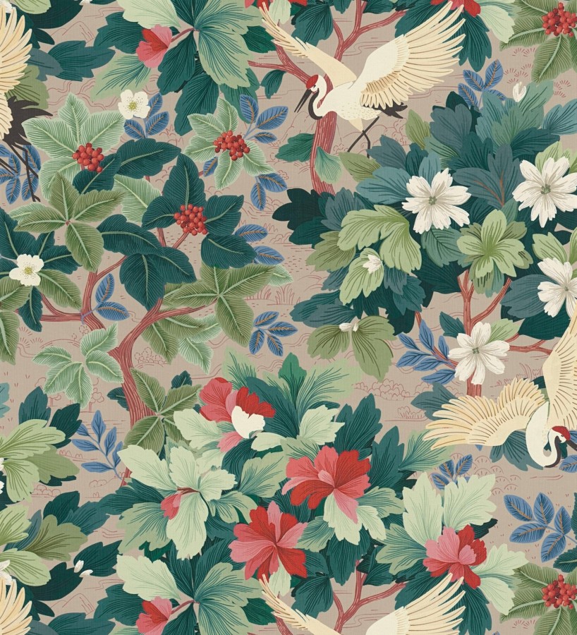 Papel pintado jardín japonés con grullas y flores fondo beige  Sakura Vibrant 684995