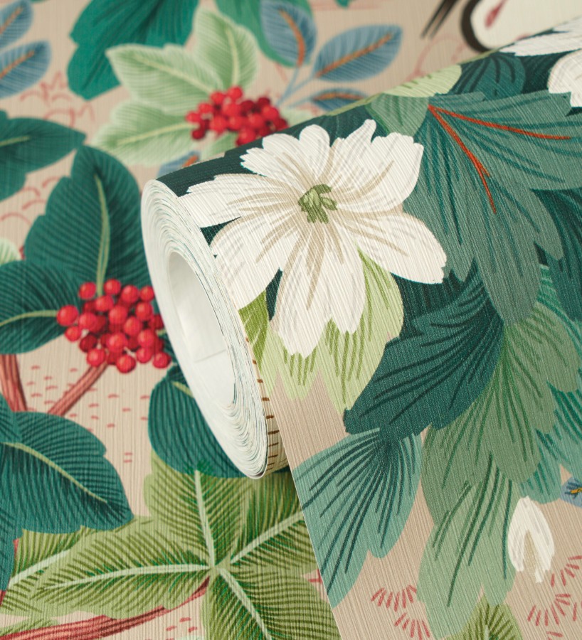 Papel pintado jardín japonés con grullas y flores fondo beige  Sakura Vibrant 684995
