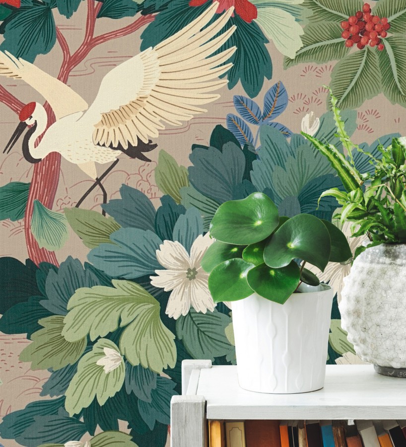 Papel pintado jardín japonés con grullas y flores fondo beige  Sakura Vibrant 684995