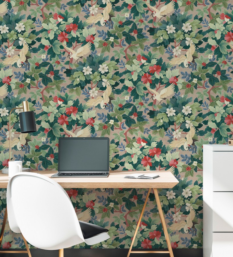 Papel pintado jardín japonés con grullas y flores fondo beige  Sakura Vibrant 684995