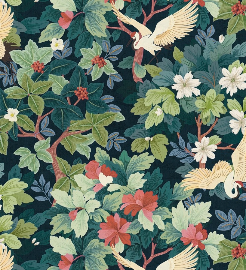 Papel pintado jardín japonés con grullas y flores fondo azul oscuro  Sakura Vibrant 684996