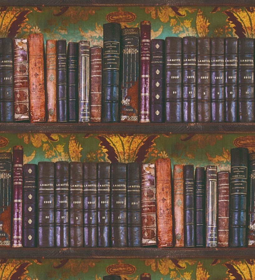 Papel pintado librería antigua lomos de piel fondo damasco dorado y verde  Cambridge Ancient 684998