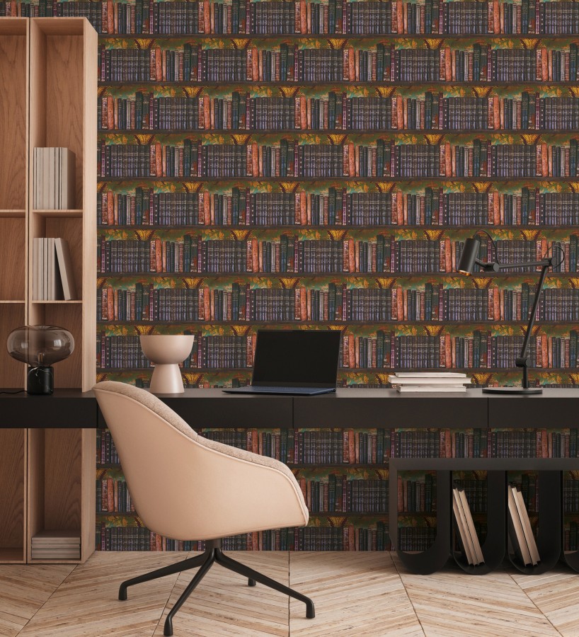 Papel pintado librería antigua lomos de piel fondo damasco dorado y verde  Cambridge Ancient 684998