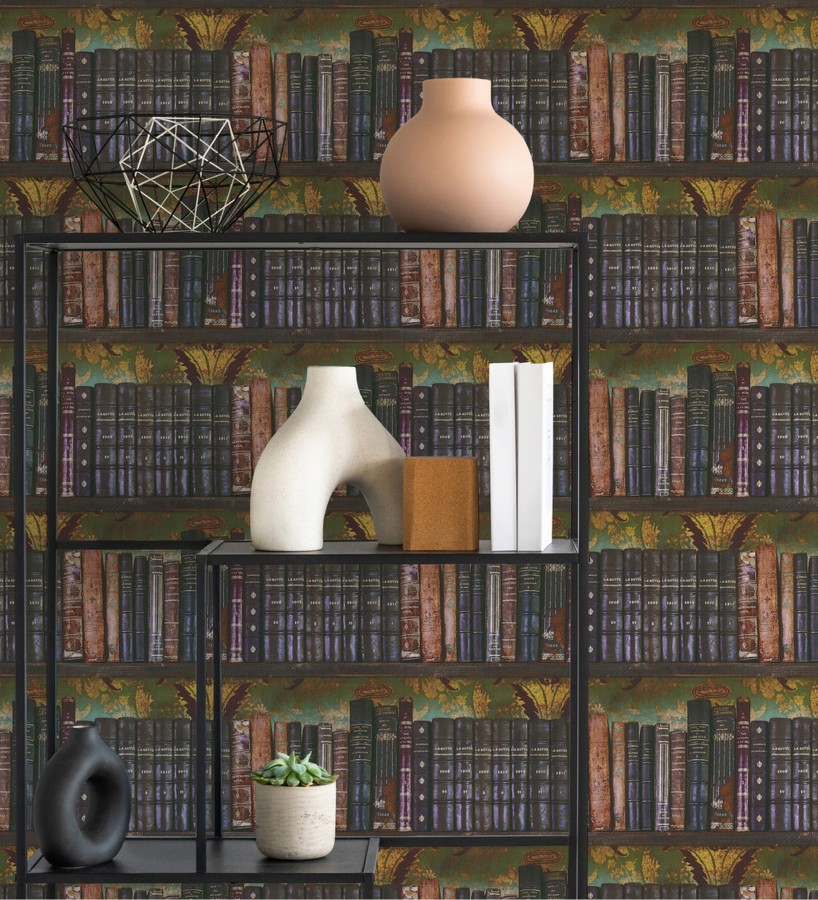 Papel pintado librería antigua lomos de piel fondo damasco dorado y verde  Cambridge Ancient 684998