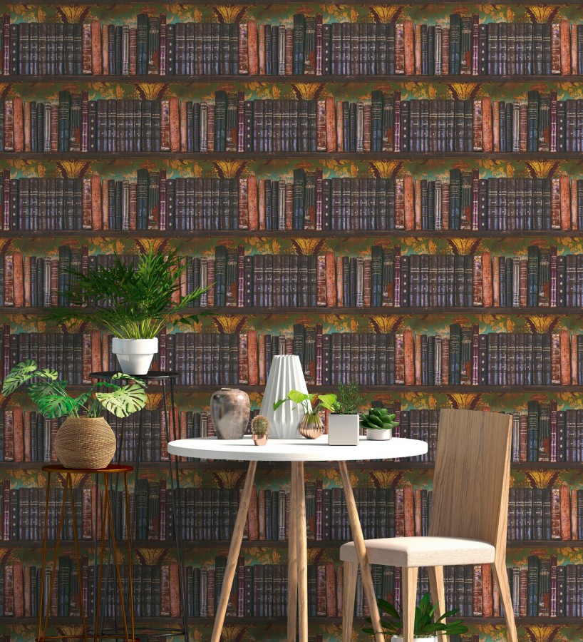 Papel pintado librería antigua lomos de piel fondo damasco dorado y verde  Cambridge Ancient 684998