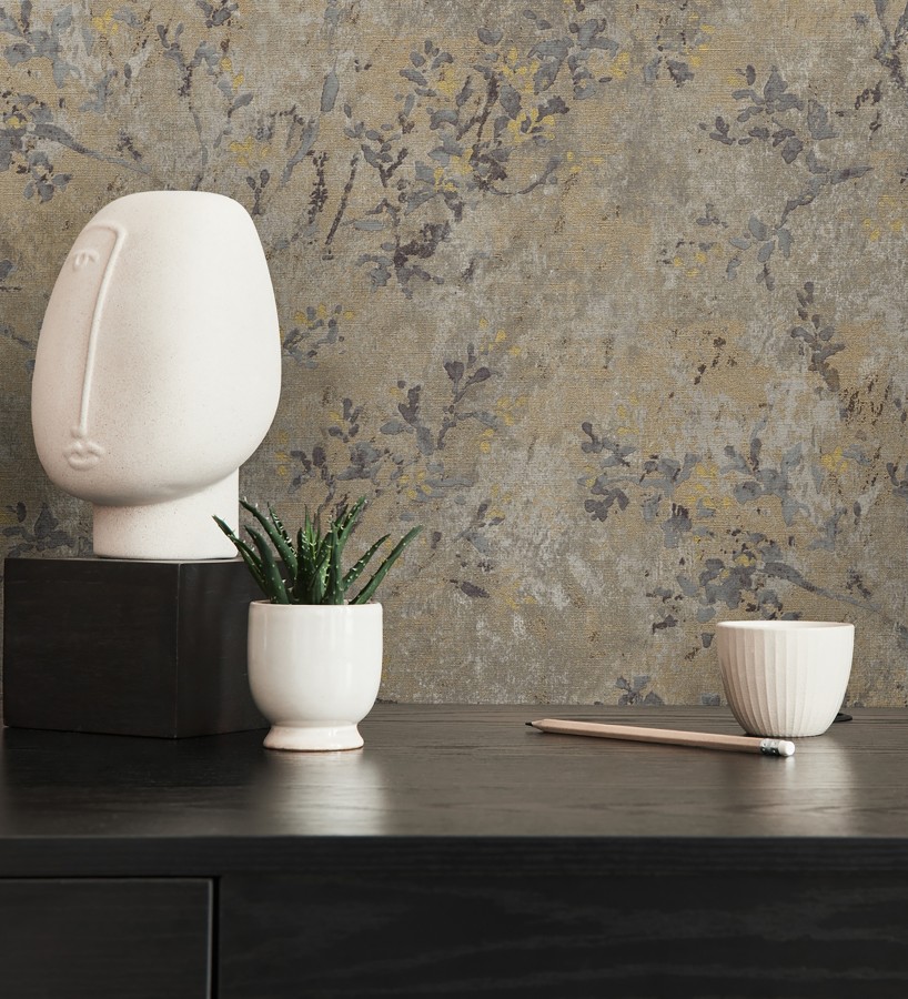Papel pintado ramas de árboles zen fondo lienzo pátina desgastado  Siena Provence 685000