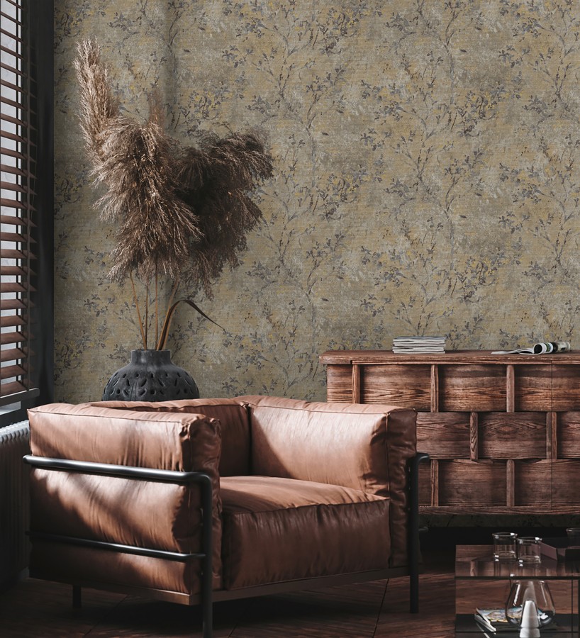 Papel pintado ramas de árboles zen fondo lienzo pátina desgastado  Siena Provence 685000