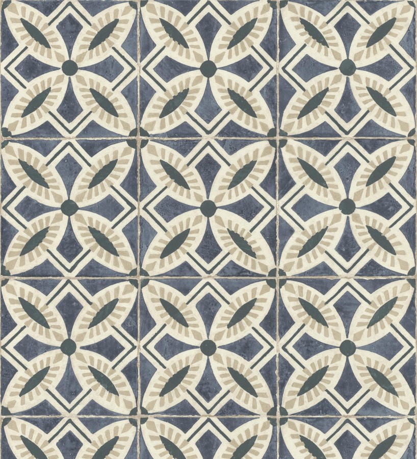 Papel pintado de azulejos hidráulicos fondo azul oscuro  Lisbon Tile 685080