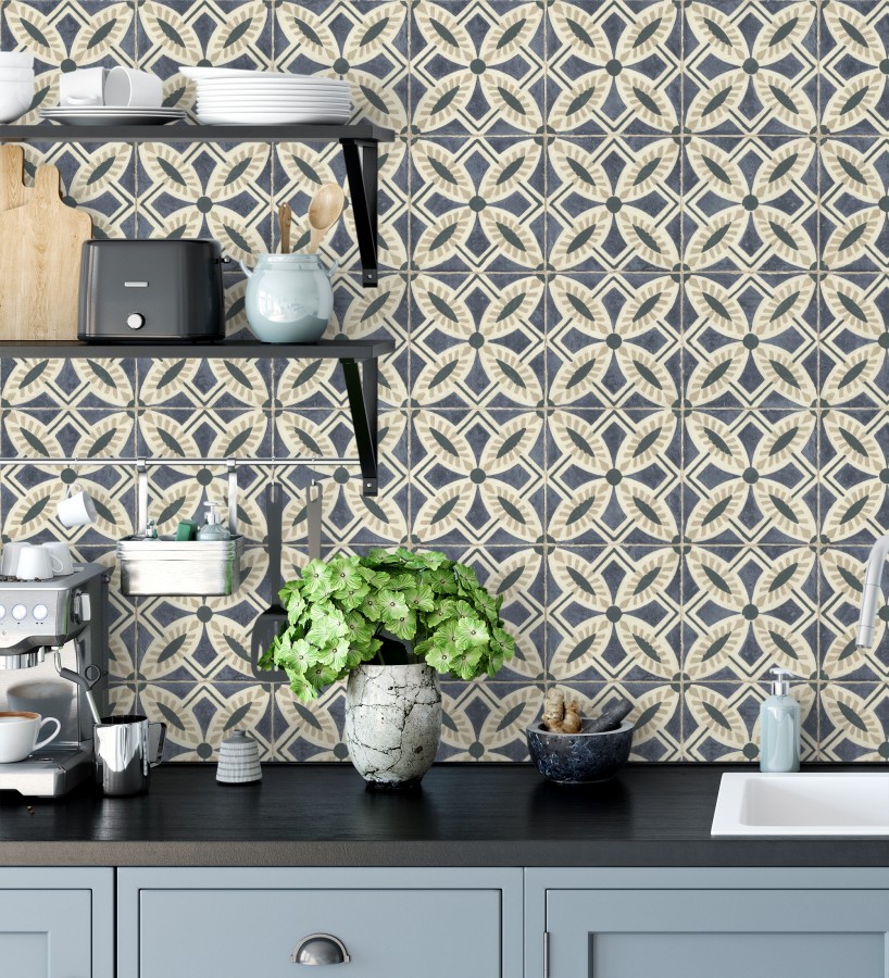 Papel pintado de azulejos hidráulicos fondo azul oscuro  Lisbon Tile 685080