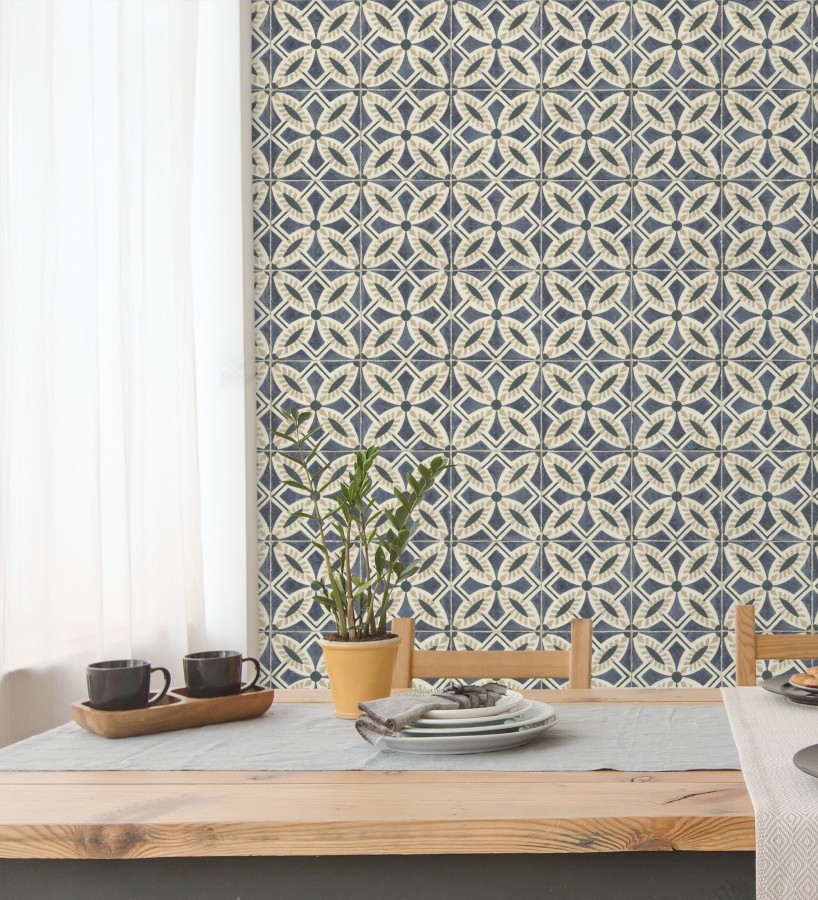 Papel pintado de azulejos hidráulicos fondo azul oscuro  Lisbon Tile 685080