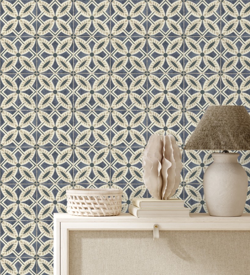 Papel pintado de azulejos hidráulicos fondo azul oscuro  Lisbon Tile 685080