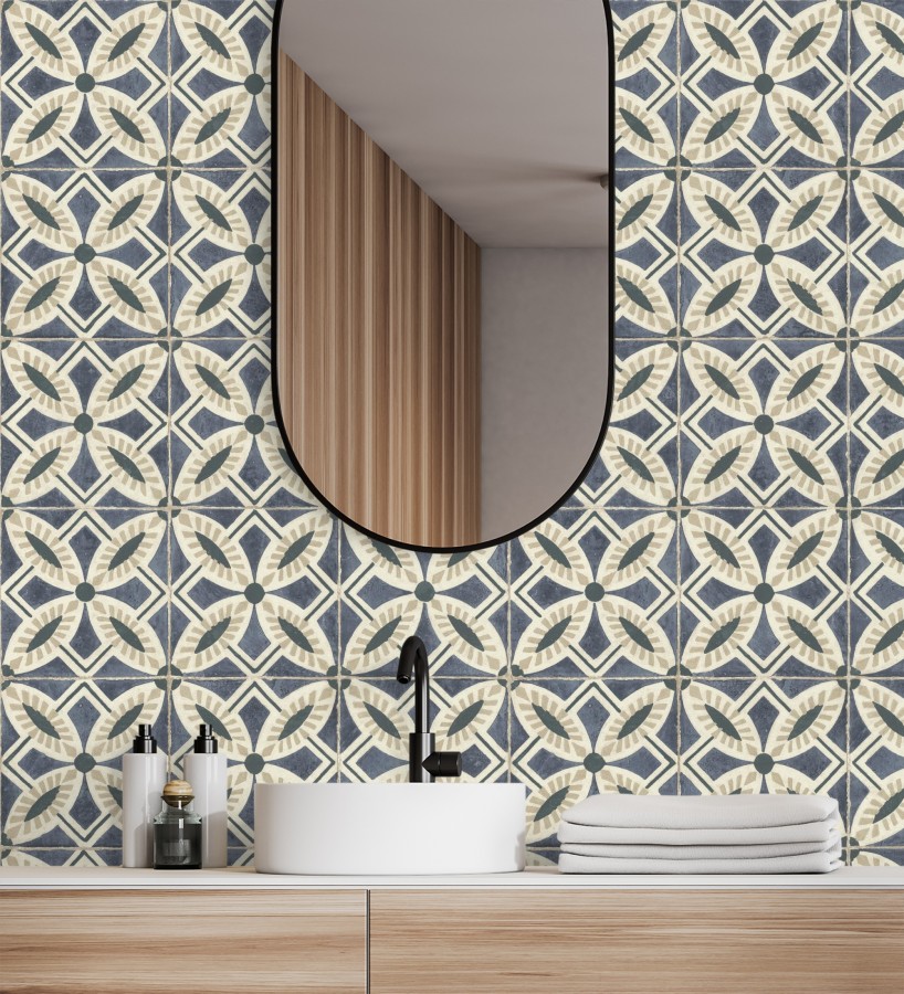 Papel pintado de azulejos hidráulicos fondo azul oscuro  Lisbon Tile 685080