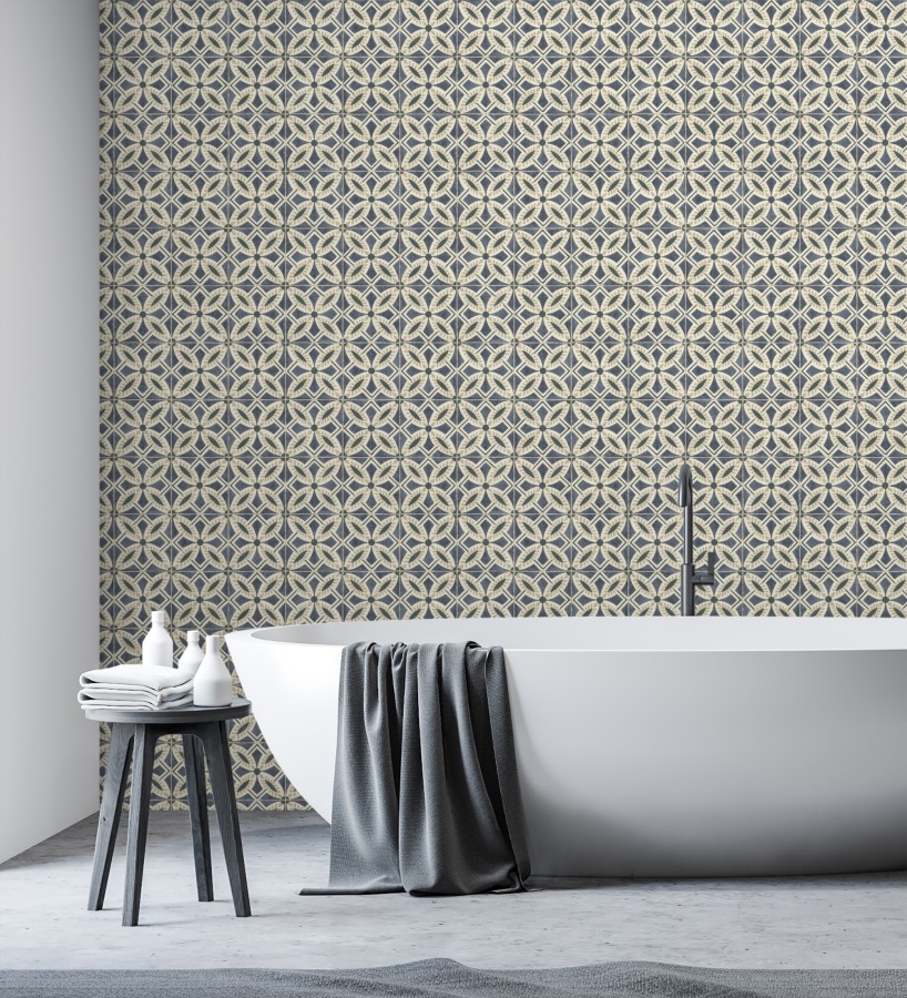 Papel pintado de azulejos hidráulicos fondo azul oscuro  Lisbon Tile 685080