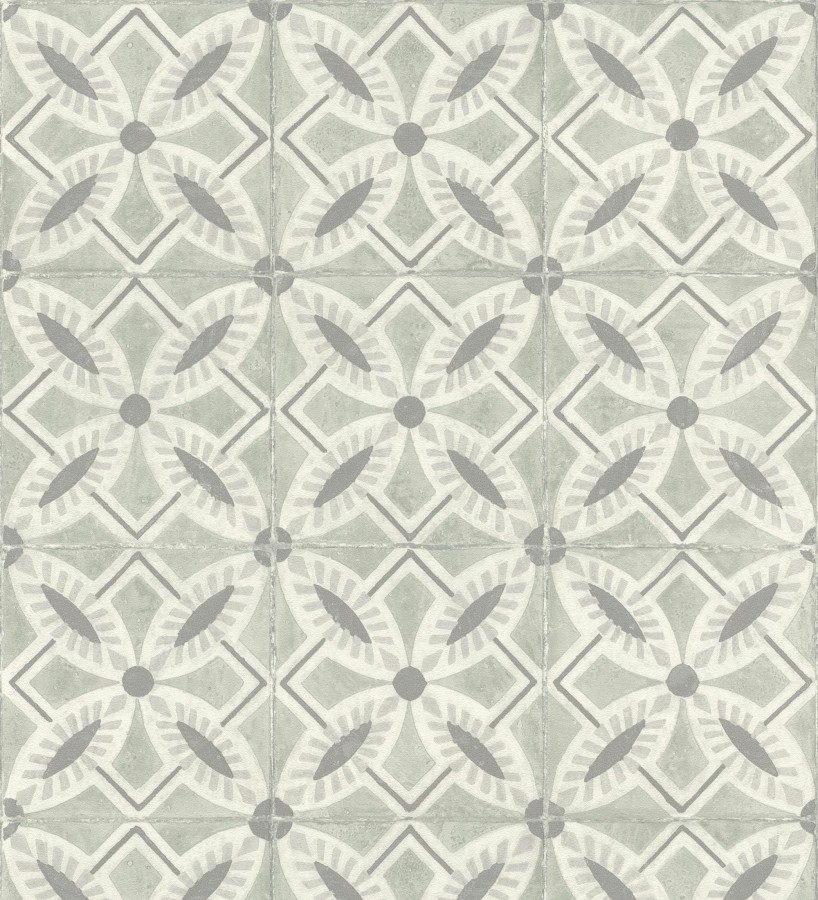 Papel pintado de azulejos hidráulicos fondo verde celadón  Lisbon Tile 685081