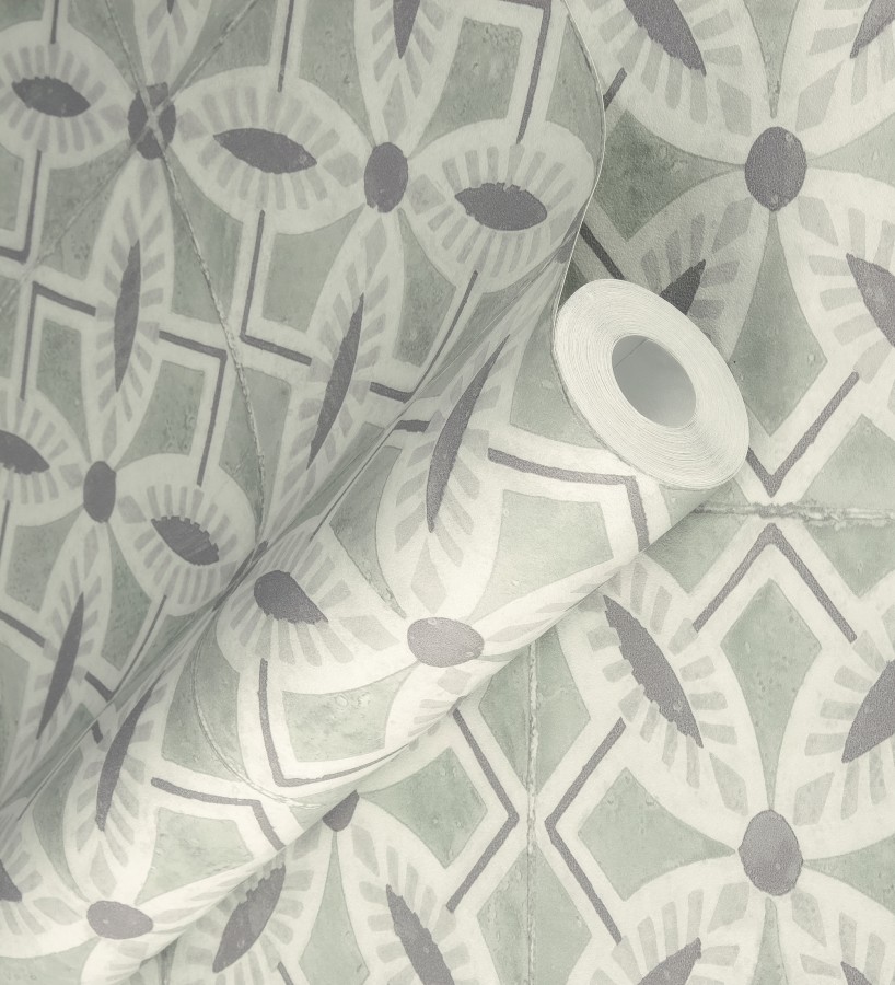 Papel pintado de azulejos hidráulicos fondo verde celadón  Lisbon Tile 685081