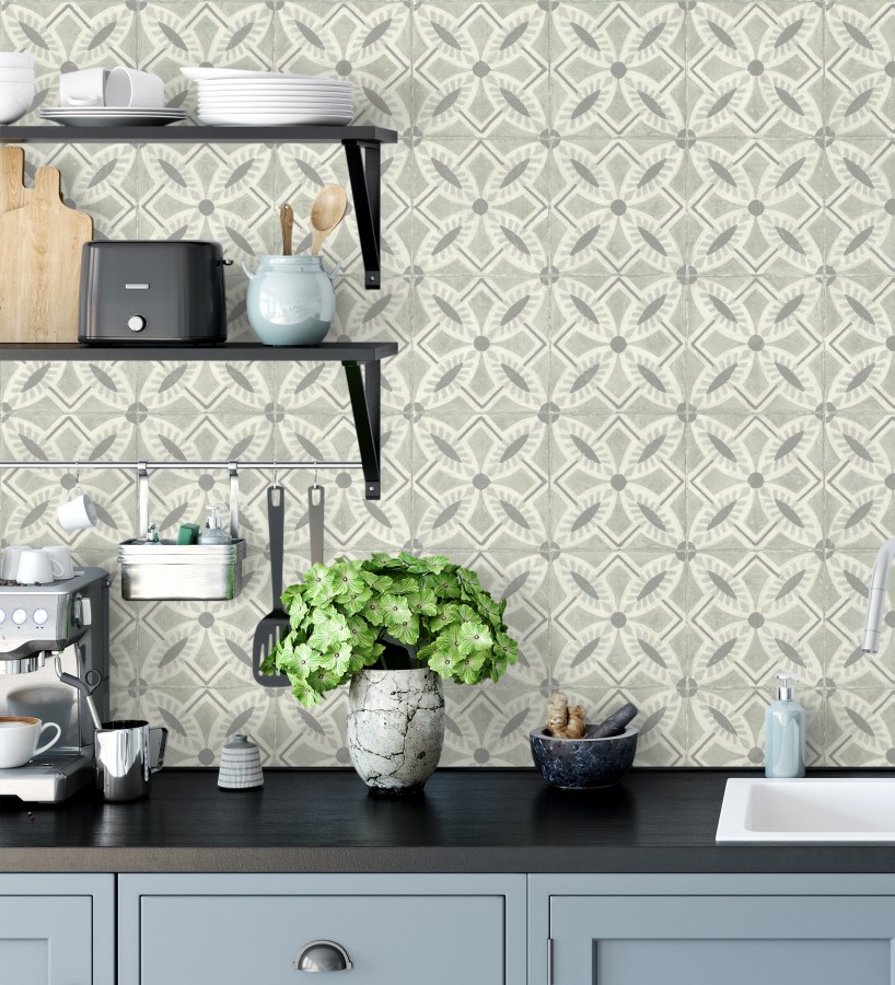 Papel pintado de azulejos hidráulicos fondo verde celadón  Lisbon Tile 685081