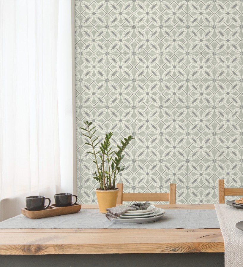 Papel pintado de azulejos hidráulicos fondo verde celadón  Lisbon Tile 685081