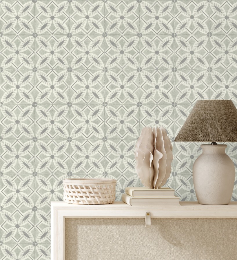 Papel pintado de azulejos hidráulicos fondo verde celadón  Lisbon Tile 685081