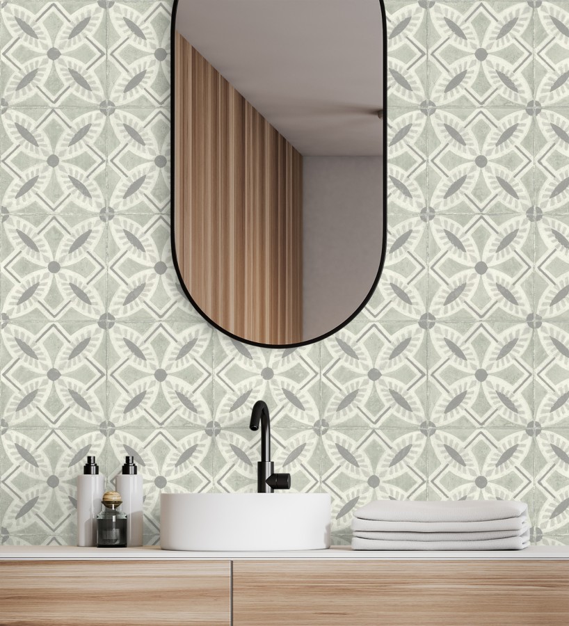 Papel pintado de azulejos hidráulicos fondo verde celadón  Lisbon Tile 685081