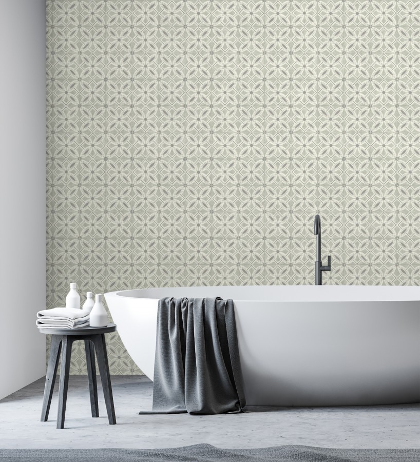Papel pintado de azulejos hidráulicos fondo verde celadón  Lisbon Tile 685081