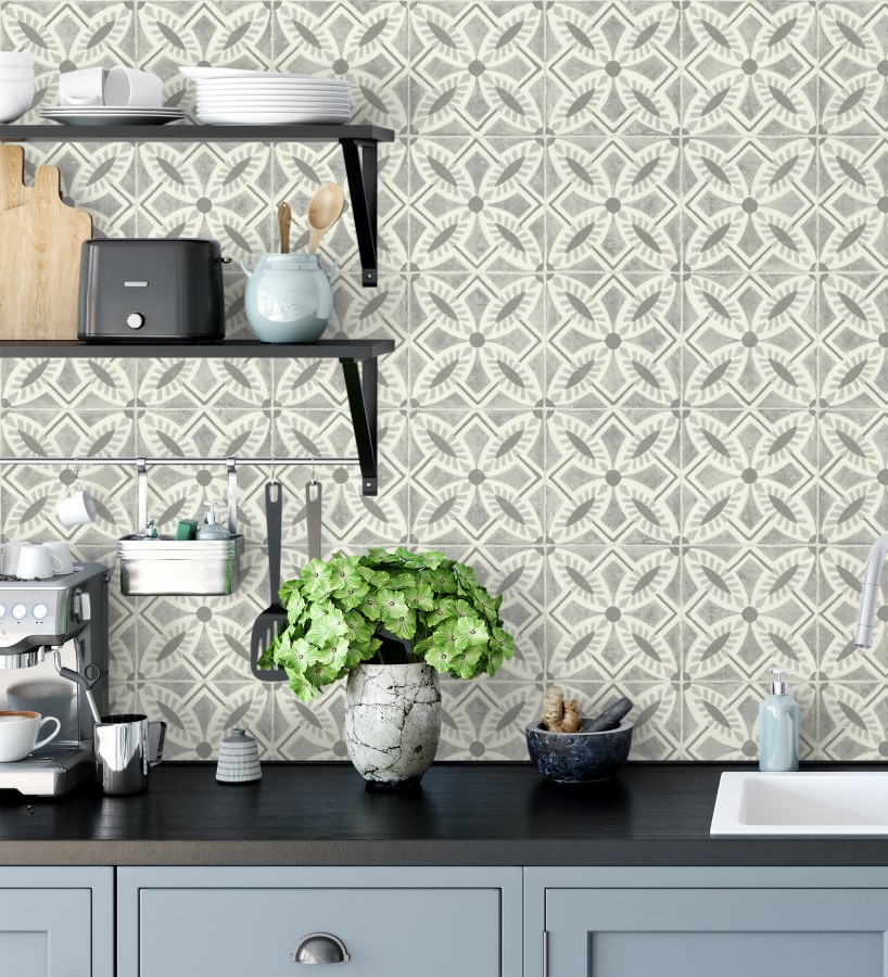 Papel pintado de azulejos hidráulicos fondo gris  Lisbon Tile 685082