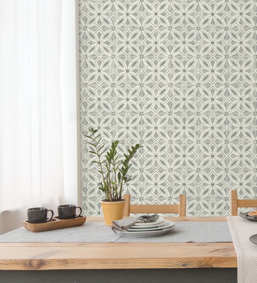 Papel pintado de azulejos hidráulicos fondo gris  Lisbon Tile 685082