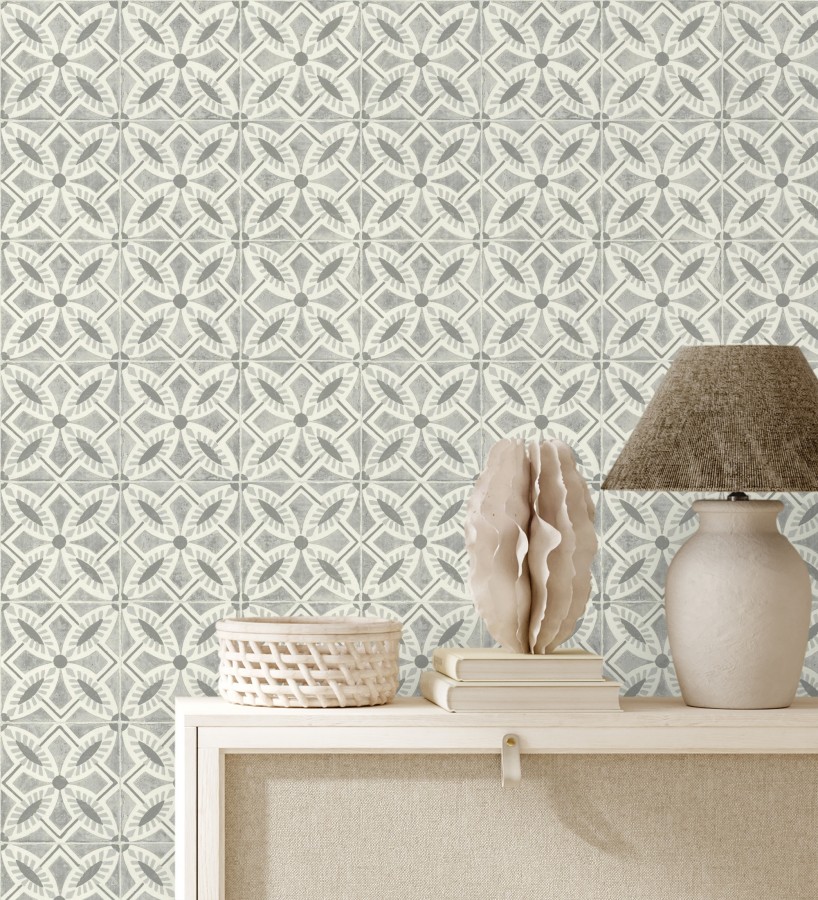 Papel pintado de azulejos hidráulicos fondo gris  Lisbon Tile 685082