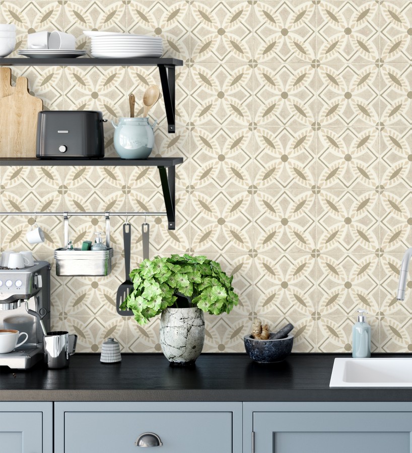 Papel pintado de azulejos hidráulicos fondo beige  Lisbon Tile 685083