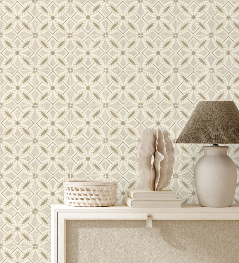 Papel pintado de azulejos hidráulicos fondo beige  Lisbon Tile 685083