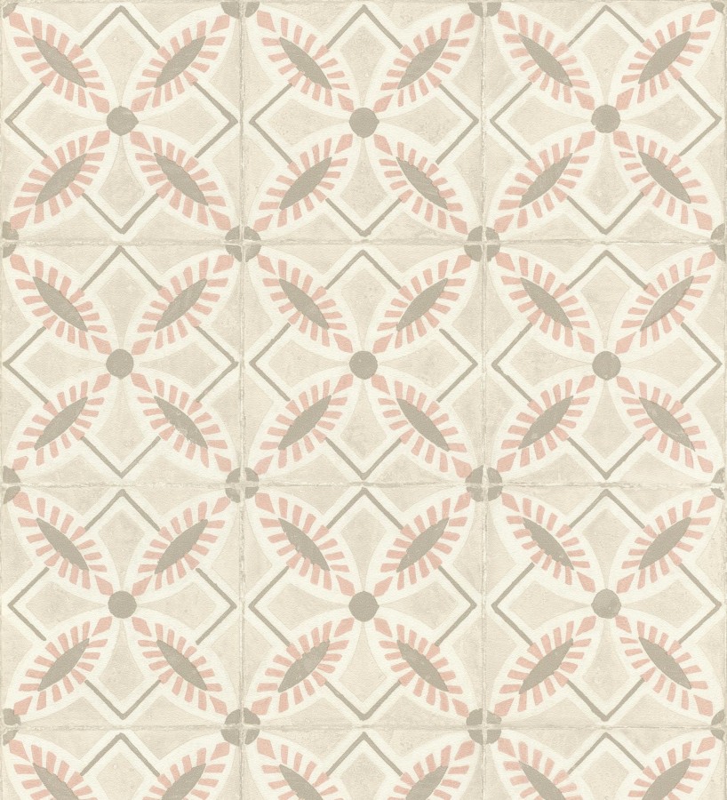 Papel pintado de azulejos hidráulicos color rosa y beige  Lisbon Tile 685084